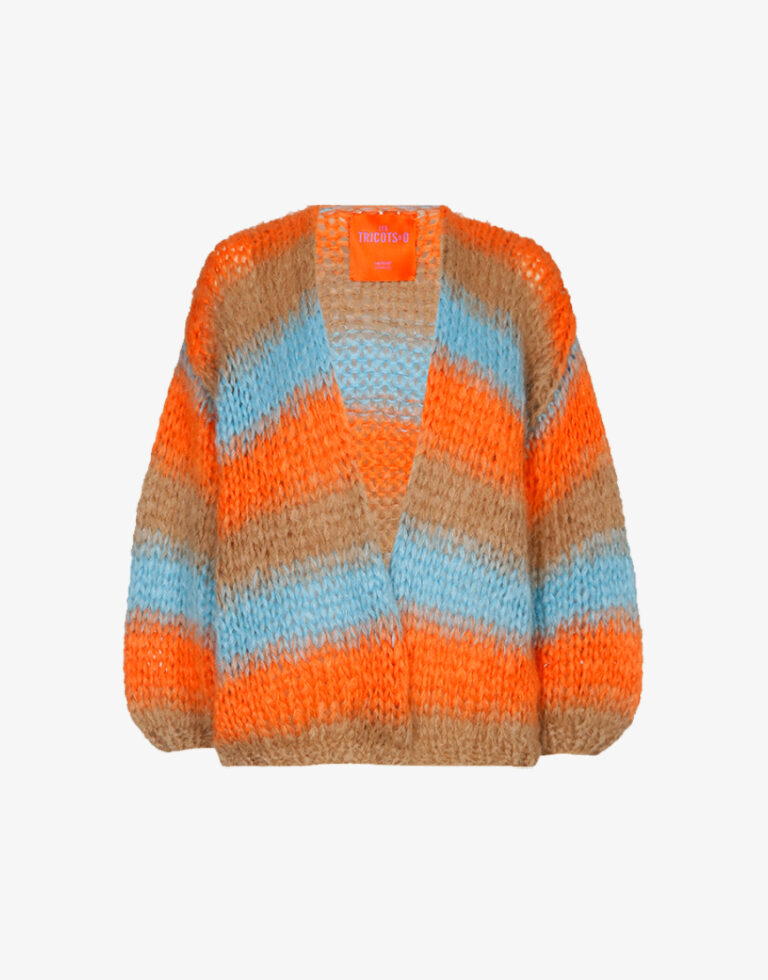 Les tricots d'o gebreid gestreept vest camel-orange-aqua